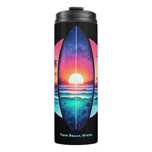 Surfbrett im Sonnenuntergang Thermosbecher (Vorderseite)