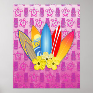 Surfbrett und Hibiskus Blume Poster