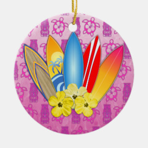 Surfbrett-und Hibiskus-Blumen Keramikornament