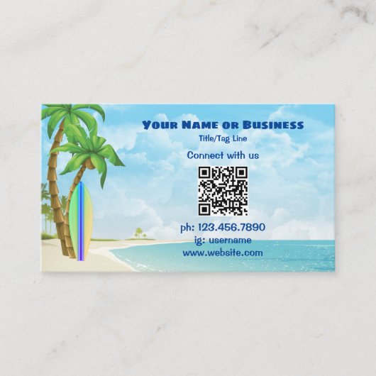 Surfbrett und Palmen | QR Code Tropical Beach Visitenkarte (Vorderseite)