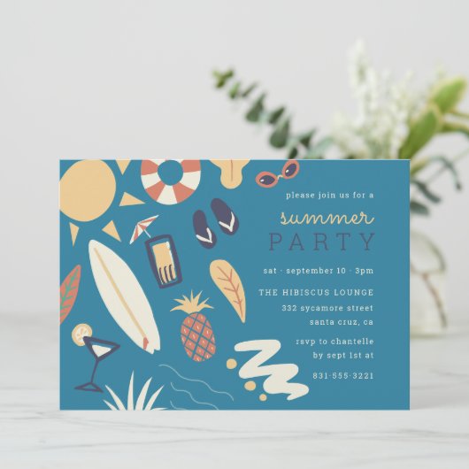 Surfbrett und Sonne | Von Hand Gezeichnet Sommerge Einladung (Stehend Vorderseite)