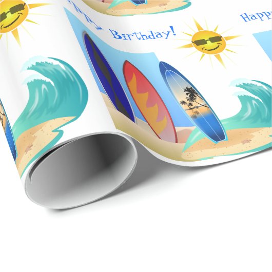 Surfbrett-Wellen und cooler Strand-alles Gute zum Geschenkpapier (Rolleneckpunkt)