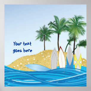 Surfbretter an einem tropischen Strand mit Palmen Poster