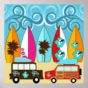 Surfbretter Beach Bum Surfing Hippie Vans Poster