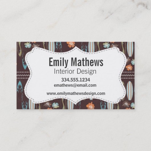 Surfbretter u. Hibiskus; Brown, Blau u. Orange Visitenkarte (Vorderseite)