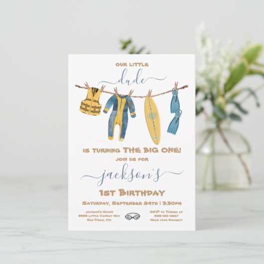 Surfen 1. Geburtstag Party Clothesline Einladung (Stehend Vorderseite)