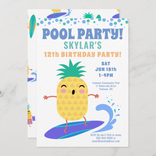 Surfen Ananas Geburtstag Schwimmbad Party Kinder Einladung (Vorne/Hinten)