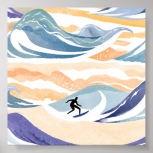 Surfen auf der Welle   Zeitgenössische Wasserfarbe Poster