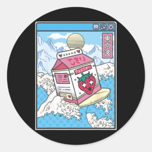 Surfen Erdbeermilch Karton Japan Welle Kawaii V Runder Aufkleber