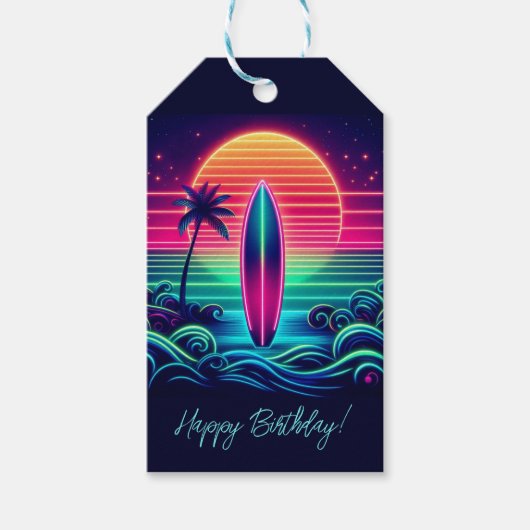Surfen im Neon Sunset- Geschenkanhänger (Vorderseite)