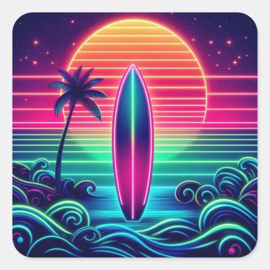 Surfen im Neon Sunset- Quadratischer Aufkleber (Vorderseite)