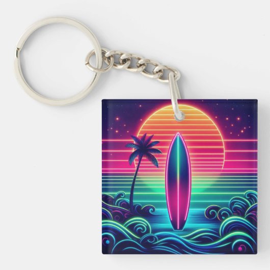 Surfen im Neon Sunset Schlüsselanhänger (Vorderseite)