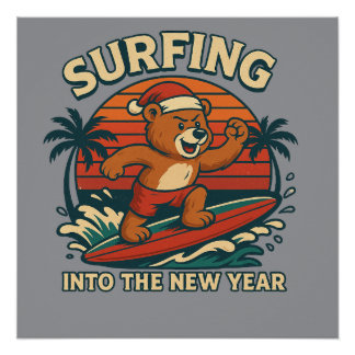 Surfen ins neue Jahr - Retro 80er Vintage Bär Poster