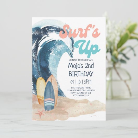 Surfen ist auf | Tropischer Kindergeburtstag Einladung (Stehend Vorderseite)