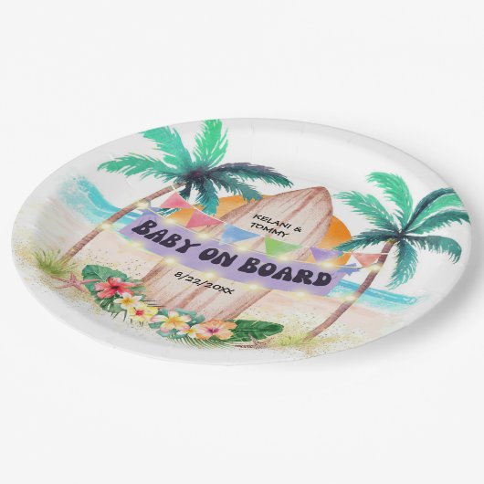 Surfen & Meer | Baby an Bord Beach Baby Dusche Pappteller (Schrägansicht)