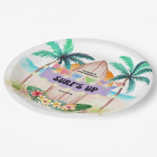 Surfen & Meer | Surf's Up Tropical Beach Geburtsta Pappteller (Schrägansicht)