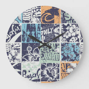 Surfen Patchwork: Grunge Vintage-Muster Große Wanduhr