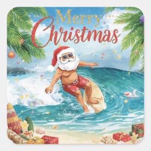 Surfen Santa Frohe Weihnachten Küstenfeiertag Quadratischer Aufkleber