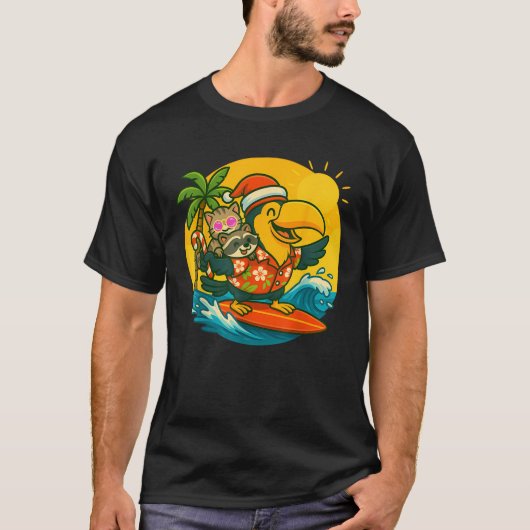 Surfen Santa Toucan Fun Cat und Raccoon Weihnachte T-Shirt (Vorderseite)