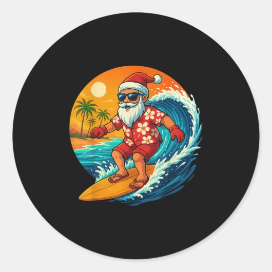 Surfen Santa Trocal Weihnachten Urlaub Hawaiian Be Runder Aufkleber (Vorderseite)