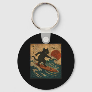 Surfen Schwarze Katze Japanischer Kunststil Abgenu Schlüsselanhänger