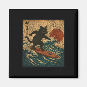 Surfen Schwarze Katze Japanischer Kunststil Distre Magnet
