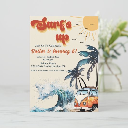Surfen Sie bis zum Sonnenschein Strand zum Geburts Einladung (Stehend Vorderseite)