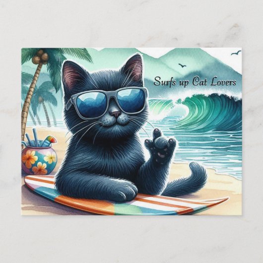 Surfen Sie Katzen Liebhaber Coole schwarze Katze Postkarte (Vorderseite)