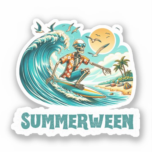 Surfen Skeleton Summerween Beach Vibes Aufkleber (Vorderseite)