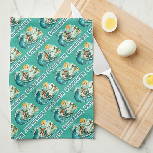 Surfen Skeleton Summerween Beach Vibes Geschirrtuch (Viertel Falte)