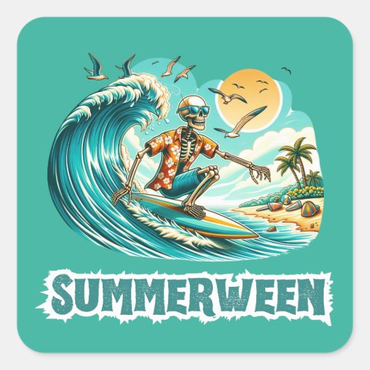Surfen Skeleton Summerween Beach Vibes Quadratischer Aufkleber (Vorderseite)