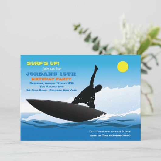 Surfen Spaß Geburtstagsparty Einladung (Stehend Vorderseite)