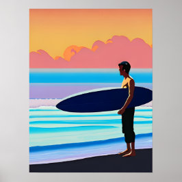 Surfen Stehend am Strand bei Sonnenuntergang Poster