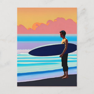 Surfen Stehend am Strand bei Sonnenuntergang Postkarte