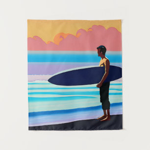 Surfen Stehend am Strand bei Sonnenuntergang Wandteppich