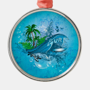 Surfen, Surfbrett mit Palme Silbernes Ornament