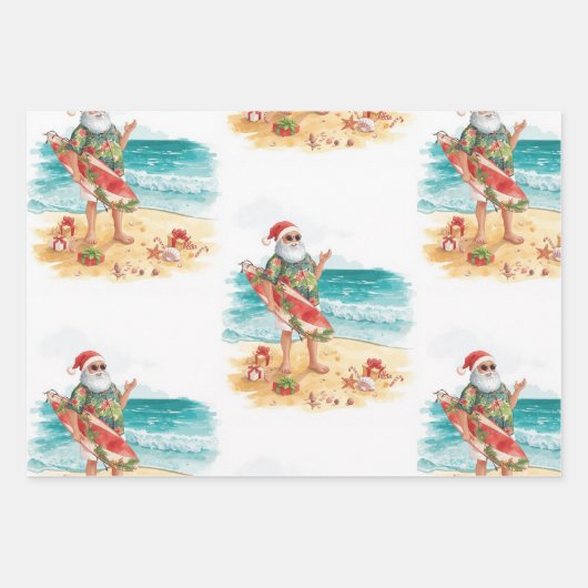 Surfen Weihnachten mit Weihnachtsmann Geschenkpapier Set (Vorderseite)