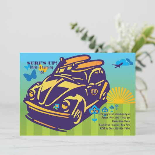 Surfende Buggy-Einladung Einladung (Stehend Vorderseite)