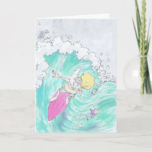 Surfende Sankt auf einer Grußkarte Feiertagskarte