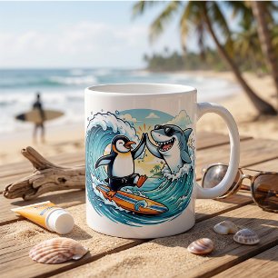 Surfender Pinguin und Hai geben sich High Five Kaffeetasse