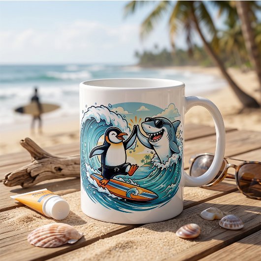 Surfender Pinguin und Hai geben sich High Five Kaffeetasse