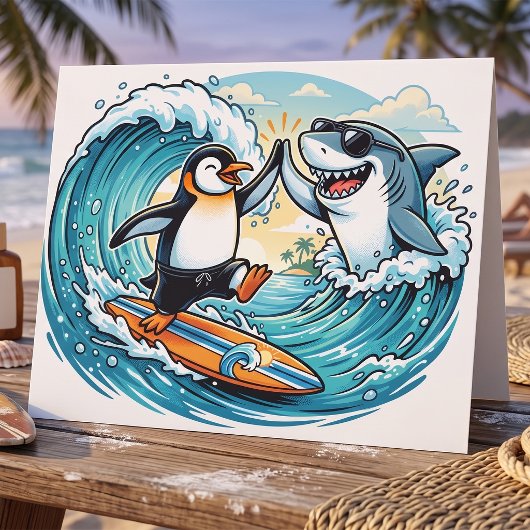 Surfender Pinguin und Hai geben sich High Five Karte