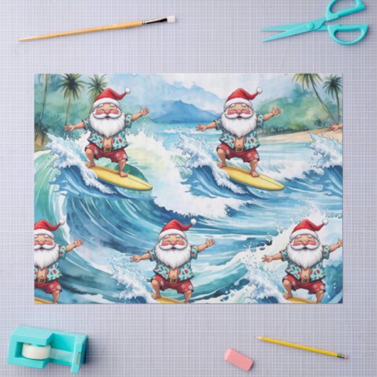 Surfender Weihnachtsmann auf großer Welle in Hawai Seidenpapier (Basteln)