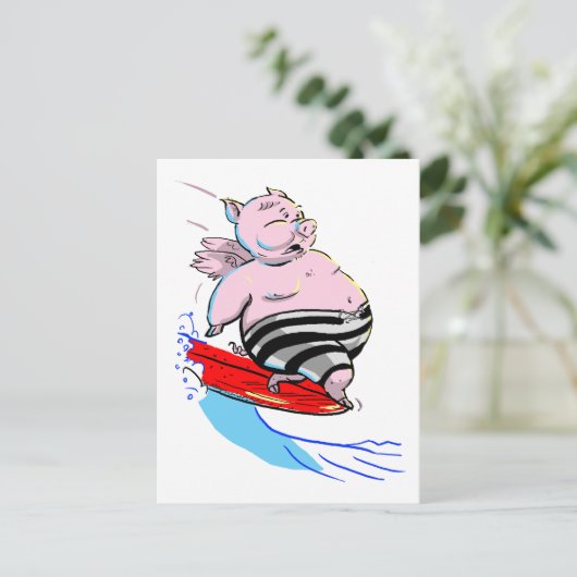 surfendes Schwein Postkarte (Stehend Vorderseite)