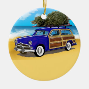 Surfendes Woodie mit Weihnachtsbaum Keramik Ornament