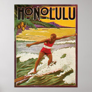 Surfer am tropischen Strand von Honolulu, Vintage- Poster
