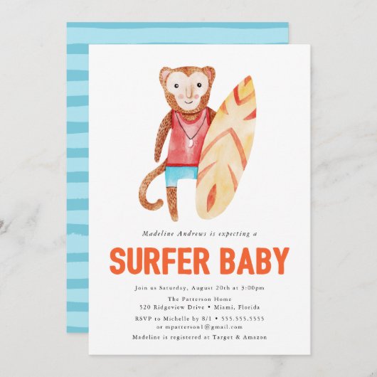 Surfer Baby | Einladung der Babydusche (Vorne/Hinten)
