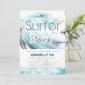 Surfer Boy Blue Wave Splash Surfen Baby Dusche Einladung (Stehend Vorderseite)