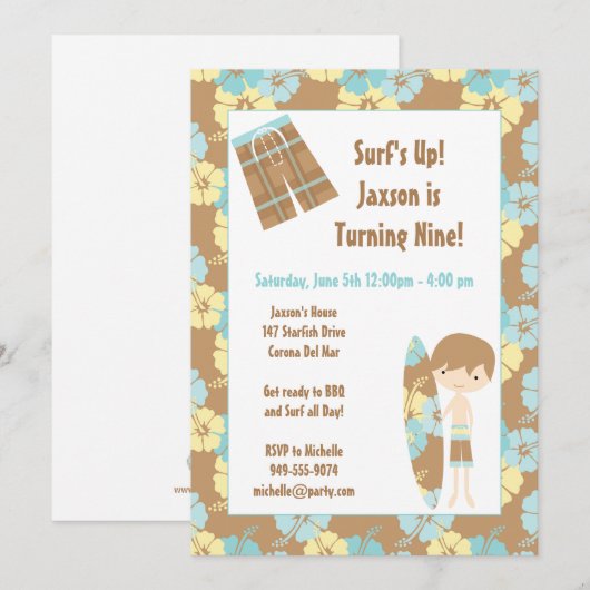 Surfer Boy Geburtstagsparty Einladung (Vorne/Hinten)