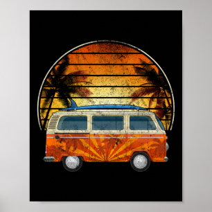 Surfer-Camper-Palmenbaum-Sonnenuntergang Poster